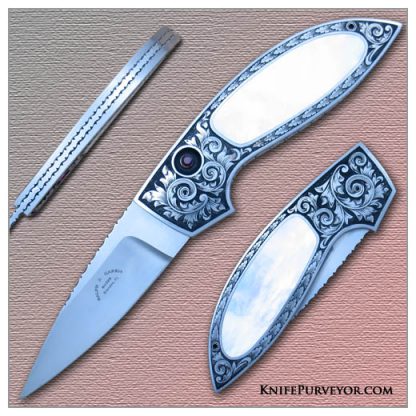 Ralph Dewey Harris' Custom Knife: Sole Authorship Engraved Mother of Pearl Button Lock Automatic