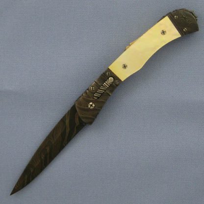 Ralph Selvideo Custom Knife: Goldlip Pearl Automatic with Damascus Blade and Bolsters