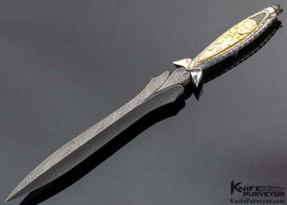 Ray Cover Jr. Carved & Engraved David Broadwell Custom Knife Damascus & Gold Lip Pearl Art Dagger 12601