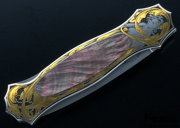 Joe Kious Custom Knife Ray Cover Jr Engraved 24 Kt. Gold and Black Lip Pearl Lockback Dagger - Image 5
