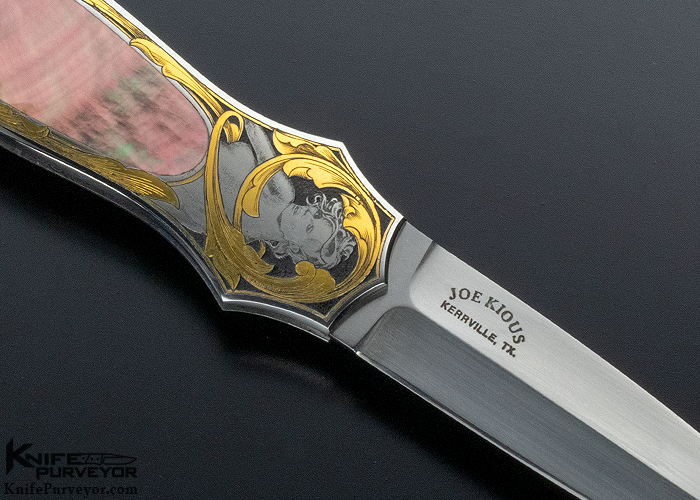 Joe Kious Custom Knife Ray Cover Jr Engraved 24 Kt. Gold and Black Lip Pearl Lockback Dagger - Image 4