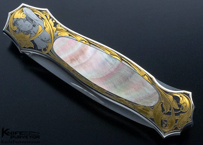 Joe Kious Custom Knife Ray Cover Jr Engraved 24 Kt. Gold and Black Lip Pearl Lockback Dagger - Image 6