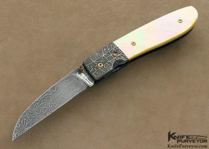 R.B. Johnson Custom Knife Damascus & South Sea Gold Lip Pearl Linerlock