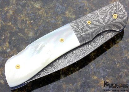 R.B Johnson Custom Knife Damascus and Mother of Pearl Lever Release Lock Back Auto - Image 3