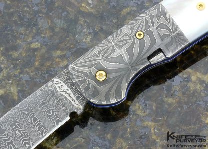 R.B Johnson Custom Knife Damascus and Mother of Pearl Lever Release Lock Back Auto - Image 2