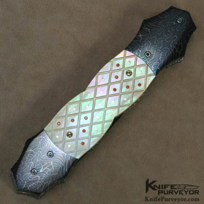 Vernie Reed Custom Knife Piqued South Sea Goldlip Pearl with Gold and Ruby Inlaid Damascus Linerlock Dagger - Image 3