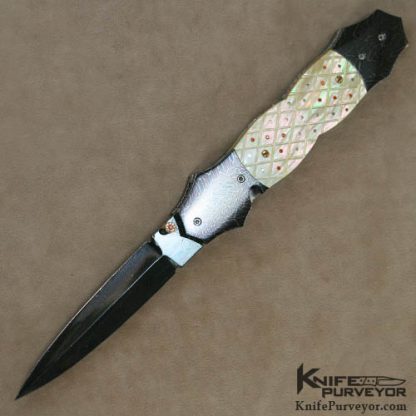 Vernie Reed Custom Knife Piqued South Sea Goldlip Pearl with Gold and Ruby Inlaid Damascus Linerlock Dagger