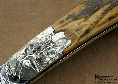 Pierre Reverdy Custom Knife "Eagle's Dream" Sole Authorship Damascus Art Knife with Carved Mammoth Ivory and Carved Silver Bolstered Lockback Folder - Image 3