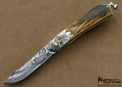 Pierre Reverdy Custom Knife "Eagle's Dream" Sole Authorship Damascus Art Knife with Carved Mammoth Ivory and Carved Silver Bolstered Lockback Folder