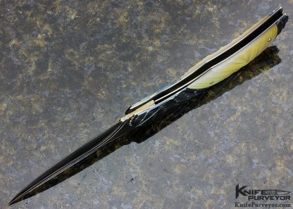 Rex Robinson Custom Knife Up Swept with Gun Blued Sole Authorship Damascus with Goldlip Pearl Auto - Image 4