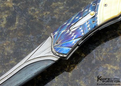 Rex Robinson Custom Knife Up Swept with Gun Blued Sole Authorship Damascus with Goldlip Pearl Auto - Image 2