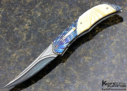 Rex Robinson Custom Knife Up Swept with Gun Blued Sole Authorship Damascus with Goldlip Pearl Auto 12065