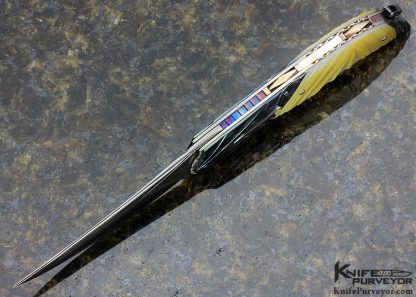 Rex Robinson Custom Knife Up Swept with Gun Blued Sole Authorship Damascus with Goldlip Pearl Auto - Image 5