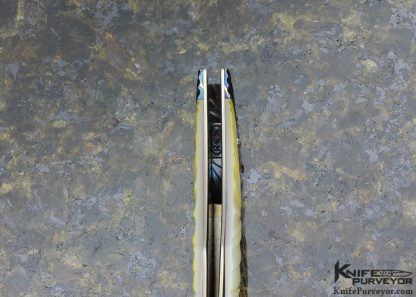 Rex Robinson Custom Knife Up Swept with Gun Blued Sole Authorship Damascus with Goldlip Pearl Auto - Image 6