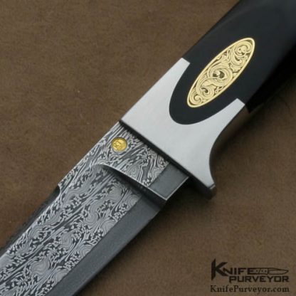 Reinhard Tschager Custom Knives Sole Authorship Engraved Black Buffalo Horn Clip Point with Heinz Denig Mosaic Damascus - Image 2