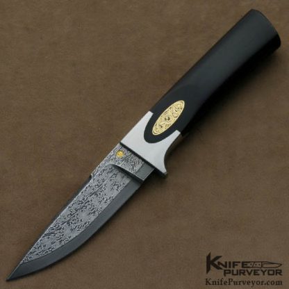 Reinhard Tschager Custom Knives Sole Authorship Engraved Black Buffalo Horn Clip Point with Heinz Denig Mosaic Damascus
