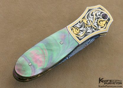 Richard S. Wright Custom Knives Jon Robyn Engraved Blacklip Tahitian Pearl Shell Ambidextrous Bolster Release Automatic - Image 3