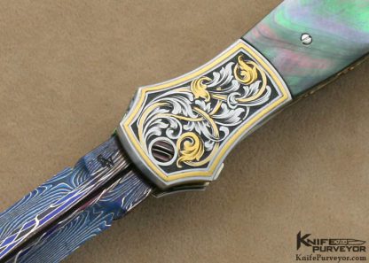 Richard S. Wright Custom Knives Jon Robyn Engraved Blacklip Tahitian Pearl Shell Ambidextrous Bolster Release Automatic - Image 2