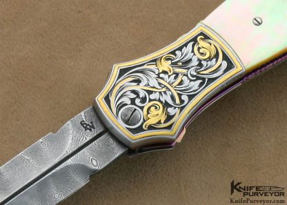 Richard S. Wright Custom Knives Jon Robyn Engraved South Sea Goldlip Pearl Shell Ambidextrous Bolster Release Automatic - Image 2