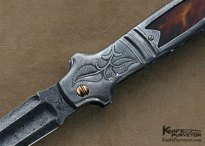 Richard S. Wright Custom Knives Sole Authorship Engraved Damascus & Antique Tortoise Shell Automatic - Image 3