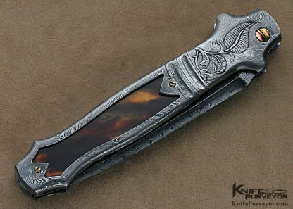 Richard S. Wright Custom Knives Sole Authorship Engraved Damascus & Antique Tortoise Shell Automatic