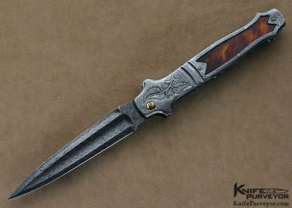 Richard S. Wright Custom Knives Sole Authorship Engraved Damascus & Antique Tortoise Shell Automatic - Image 2
