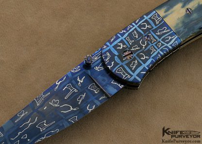 Rick Dunkerley Custom Knife Blued Sole Authorship "Boots, Spurs & Cowboy Hat" Mosaic Damascus & Blue & Cream Mammoth Ivory Linerlock - Image 2