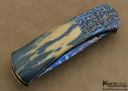 Rick Dunkerley Custom Knife Blued Sole Authorship "Boots, Spurs & Cowboy Hat" Mosaic Damascus & Blue & Cream Mammoth Ivory Linerlock - Image 3