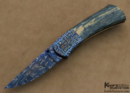 Rick Dunkerley Custom Knife Blued Sole Authorship "Boots, Spurs & Cowboy Hat" Mosaic Damascus & Blue & Cream Mammoth Ivory Linerlock