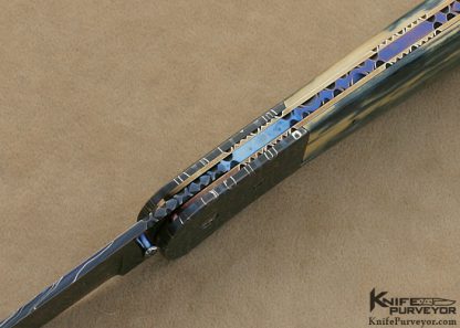 Rick Dunkerley Custom Knife Blued Sole Authorship "Boots, Spurs & Cowboy Hat" Mosaic Damascus & Blue & Cream Mammoth Ivory Linerlock - Image 5