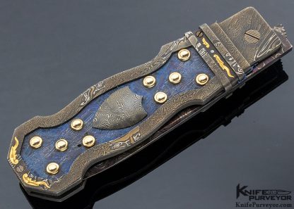 Rick Eaton Custom Knife Sole Authorship Blued Damascus with 24Kt Gold Inlays, Bradford Folder #1 - Image 3