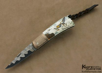 Rick Hinderer Custom Knife Sandra Brady Scrimshawed Mammoth Ivory & Sole Authorship San Mai Damascus Tail Lock