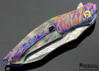 Peter Martin Custom Knife Nebula Flipper with Timascus Bolsters and Spacer and Black Lip Pearl Scales - Image 3