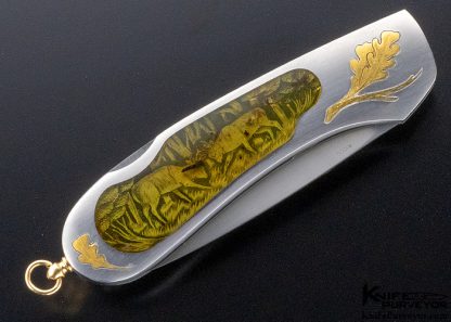 Joe Kious Custom Knife Amber Interframe Lockback "Bucks" Engraved by Robert Strosin for Barrett Smythe with Gold Bale - Image 5