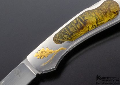 Joe Kious Custom Knife Amber Interframe Lockback "Bucks" Engraved by Robert Strosin for Barrett Smythe with Gold Bale - Image 2