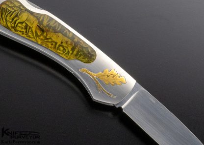 Joe Kious Custom Knife Amber Interframe Lockback "Bucks" Engraved by Robert Strosin for Barrett Smythe with Gold Bale - Image 4
