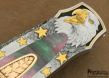 Warren Osborne Custom Knives Jon Robyn Engraved "American Honor" Blacklip Tahitian Pearl Shell & Mike Norris Stainless Steel Damascus Lockback - Image 7