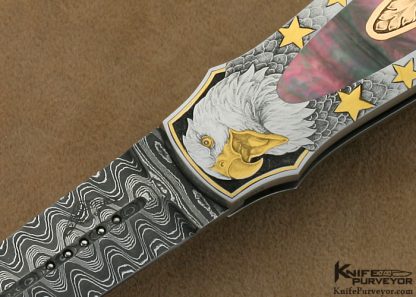 Warren Osborne Custom Knives Jon Robyn Engraved "American Honor" Blacklip Tahitian Pearl Shell & Mike Norris Stainless Steel Damascus Lockback - Image 2