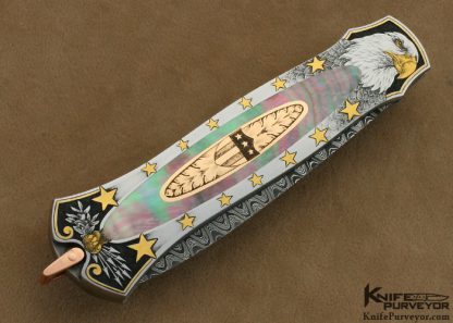 Warren Osborne Custom Knives Jon Robyn Engraved "American Honor" Blacklip Tahitian Pearl Shell & Mike Norris Stainless Steel Damascus Lockback - Image 4