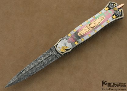 Warren Osborne Custom Knives Jon Robyn Engraved "American Honor" Blacklip Tahitian Pearl Shell & Mike Norris Stainless Steel Damascus Lockback