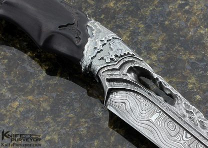 Roger Bergh Custom Knife 2017 AKI Carved Random Sole Authorship Damascus Fighter with African Blackwood - Image 4