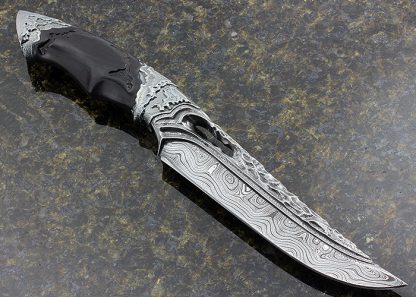 Roger Bergh Custom Knife 2017 AKI Carved Random Sole Authorship Damascus Fighter with African Blackwood - Image 3