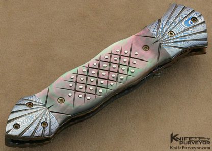 Roger Hatt Custom Knife Pique Black Lip Tahitian Pearl Shell & Blued Damascus Linerlock Dagger - Image 3