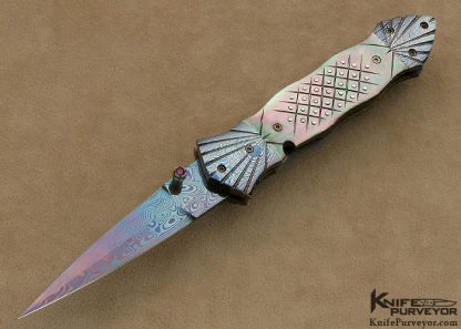 Roger Hatt Custom Knife Pique Black Lip Tahitian Pearl Shell & Blued Damascus Linerlock Dagger