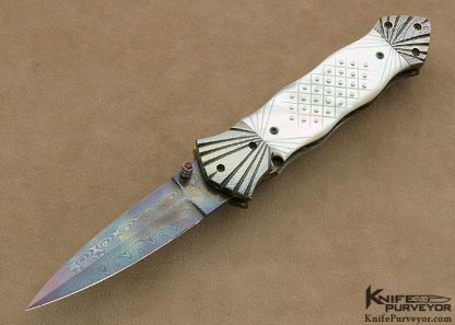 Roger Hatt Custom Knife Pique Mother of Pearl Shell & Blued Damascus Linerlock Dagger