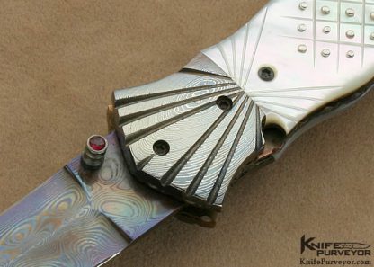 Roger Hatt Custom Knife Pique Mother of Pearl Shell & Blued Damascus Linerlock Dagger - Image 2