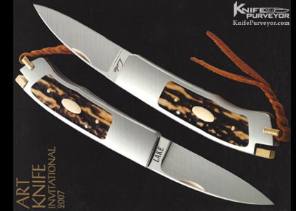 Ron Lake Custom Knife 2007 AKI Catalog Cover Knife Tail Lock with 14 Kt Gold Tab Release Stag Double Signature and Double Gold Escutcheons Double Nail Nick - Image 9