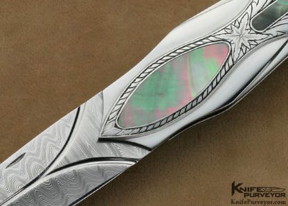 Ron Best Custom Knife Sole Authorship Engraved Blacklip Tahitian Pearl Shell & Damascus Lockback Dagger - Image 2