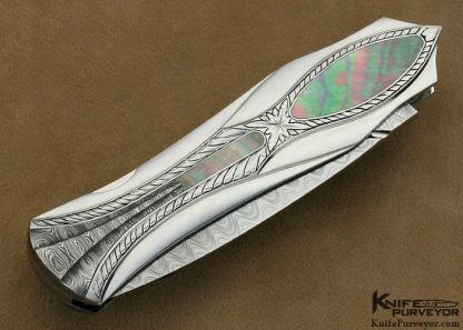 Ron Best Custom Knife Sole Authorship Engraved Blacklip Tahitian Pearl Shell & Damascus Lockback Dagger - Image 3