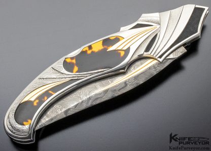 Ron Best Custom Knife Fluted, Stippled and Mirror Polished 416 Stainless Steel with 14Kt Gold & Amber Inlaid Automatic Lockback - Image 5